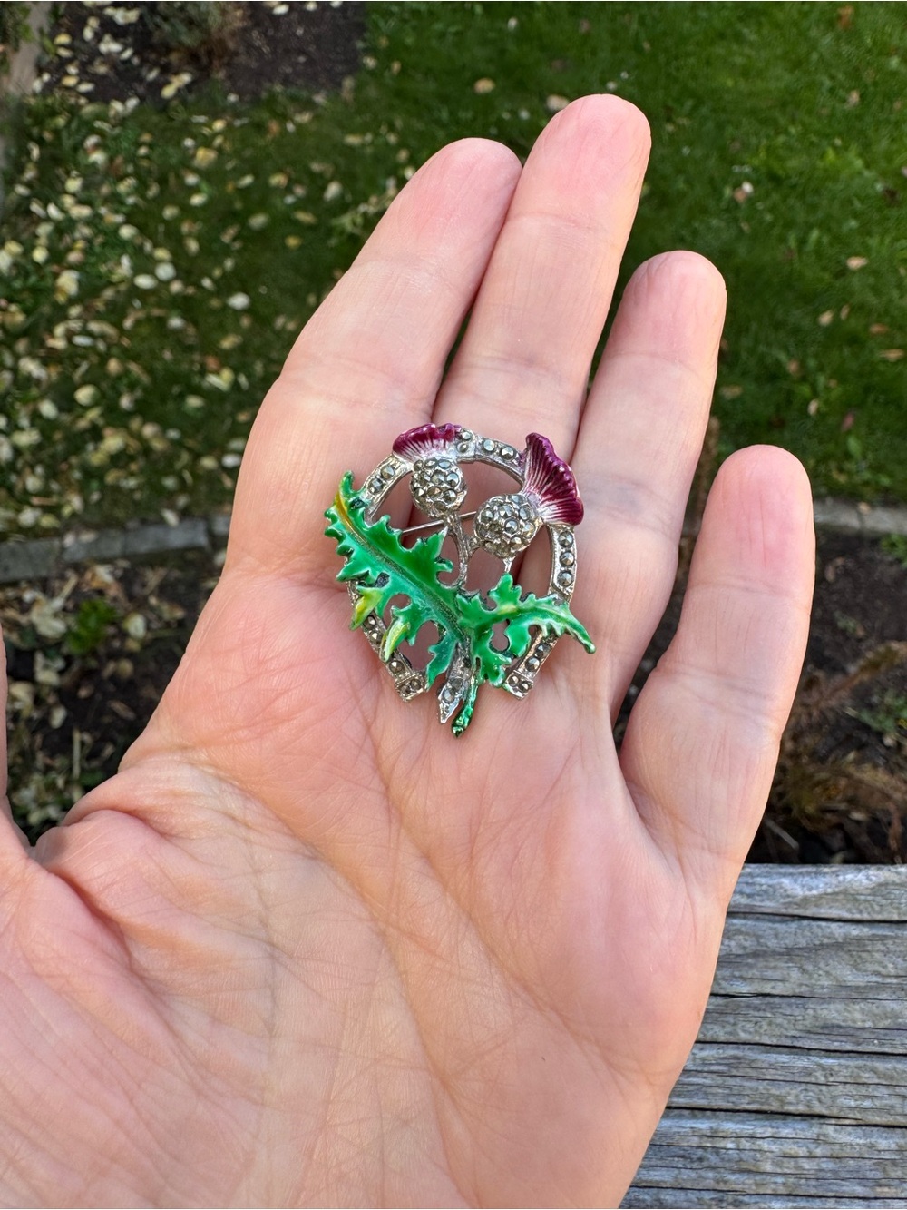 Vintage Green Enamel Thistle Marcasite Brooch Pin Purple Flower Tops - Scottish